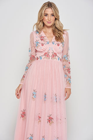 Frock & Frill Anara Pink Floral Embroidered Maxi Dress
