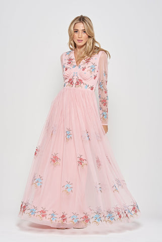 frock & frill Anara Pink Floral Embroidered Maxi Dress