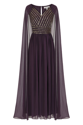 Frock & Frill Angelina Deep Plum Sequin Cape Sleeve Maxi Dress