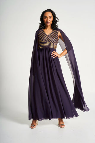 Frock & Frill Angelina Deep Plum Sequin Cape Sleeve Maxi Dress