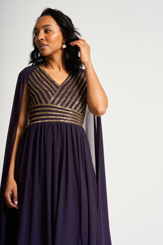Frock & Frill Angelina Deep Plum Sequin Cape Sleeve Maxi Dress