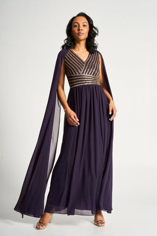 frock & frill Angelina Deep Plum Sequin Cape Sleeve Maxi Dress