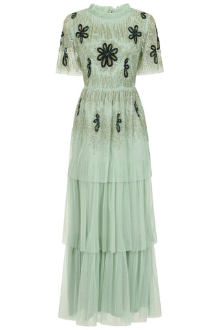 Frock & Frill Annabel Pale Green Floral Embellished Maxi Dress