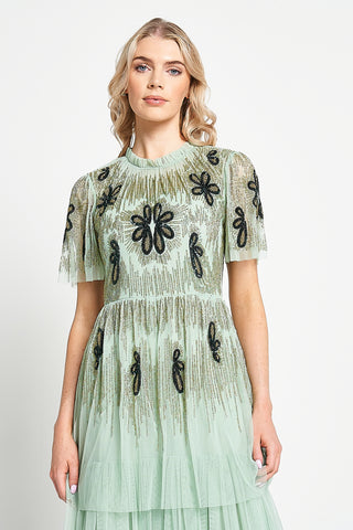 Frock & Frill Annabel Pale Green Floral Embellished Maxi Dress