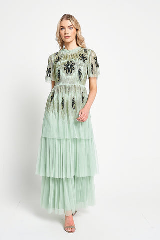 Frock & Frill Annabel Pale Green Floral Embellished Maxi Dress