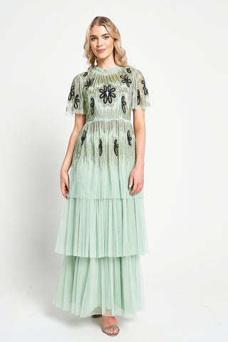 frock & frill Annabel Pale Green Floral Embellished Maxi Dress