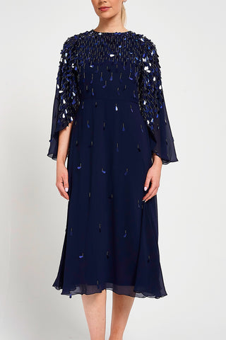 Frock & Frill Annette Navy Embellished Cape Sleeve Midi Dress