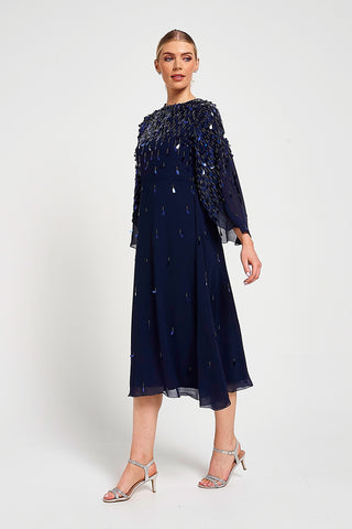 Frock & Frill Annette Navy Embellished Cape Sleeve Midi Dress