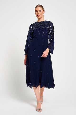 frock & frill Annette Navy Embellished Cape Sleeve Midi Dress