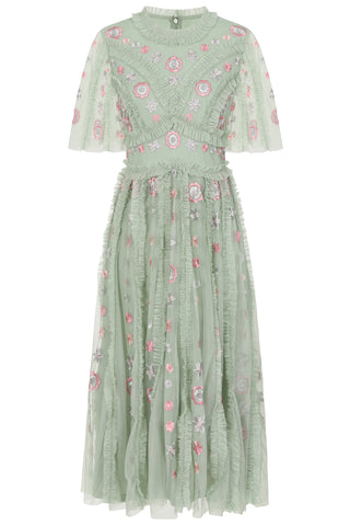 Frock & Frill Anthea Green Floral Embroidered Midi Dress