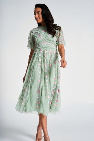 Frock & Frill Anthea Green Floral Embroidered Midi Dress