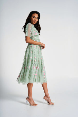 Frock & Frill Anthea Green Floral Embroidered Midi Dress