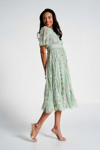frock & frill Anthea Green Floral Embroidered Midi Dress