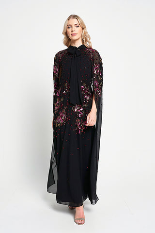 Frock & Frill Anya Black Embellished Cape Sleeve Maxi Dress