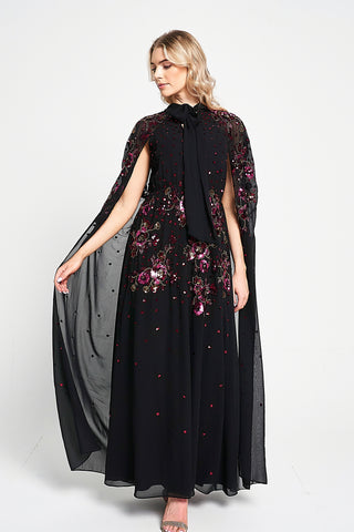 frock & frill Anya Black Embellished Cape Sleeve Maxi Dress