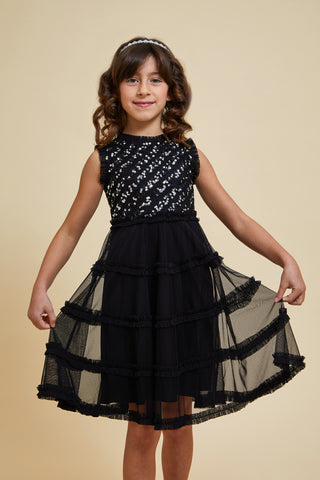 Frock & Frill Aria Black Sequin Dress With Tiered Skirt
