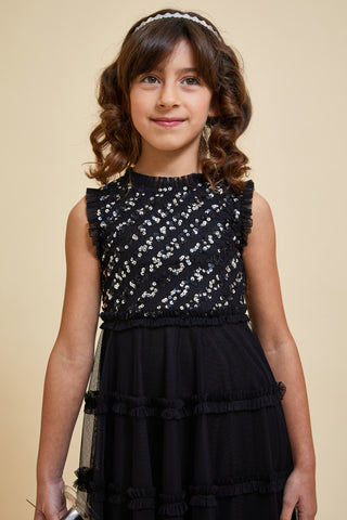 frock & frill Aria Black Sequin Dress with Tiered Skirt