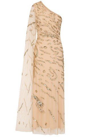 Frock & Frill Arlene One Shoulder Cape Sleeve Embellished Maxi Dress