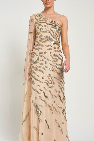Frock & Frill Arlene One Shoulder Cape Sleeve Embellished Maxi Dress
