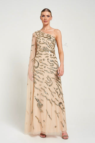 Frock & Frill Arlene One Shoulder Cape Sleeve Embellished Maxi Dress