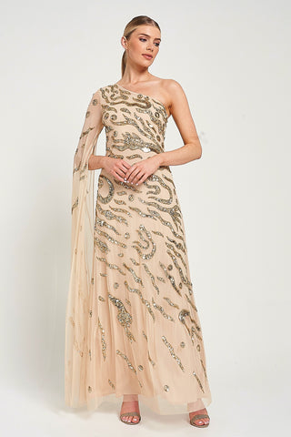 frock & frill Arlene One Shoulder Cape Sleeve Embellished Maxi Dress