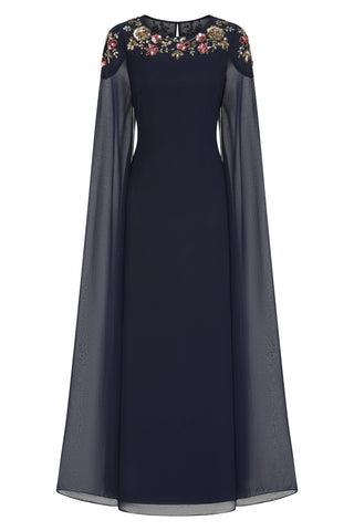 Frock & Frill Aster Navy Floral Embellished Cape Sleeve Maxi Dress