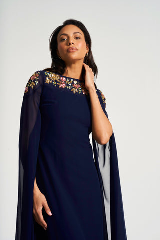 Frock & Frill Aster Navy Floral Embellished Cape Sleeve Maxi Dress