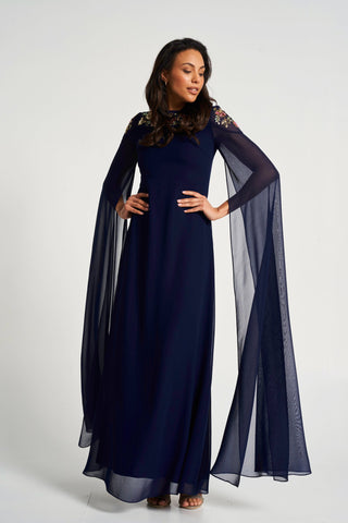 Frock & Frill Aster Navy Floral Embellished Cape Sleeve Maxi Dress