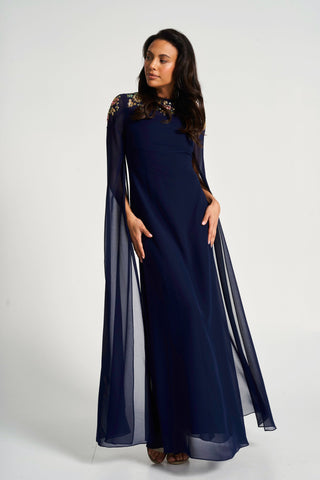 frock & frill Aster Navy Floral Embellished Cape Sleeve Maxi Dress