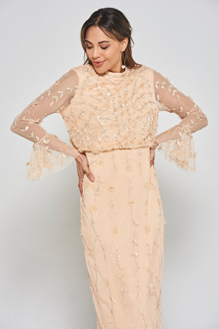 Frock & Frill Ava Almond Sequin Midi Dress With Flared Sleeves