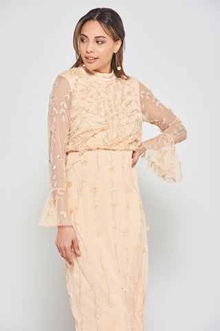 Frock & Frill Ava Almond Sequin Midi Dress With Flared Sleeves