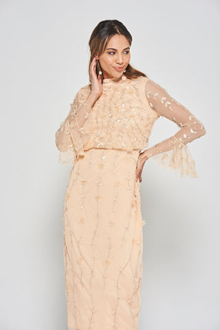 frock & frill Ava Almond Sequin Midi Dress with Flared Sleeves