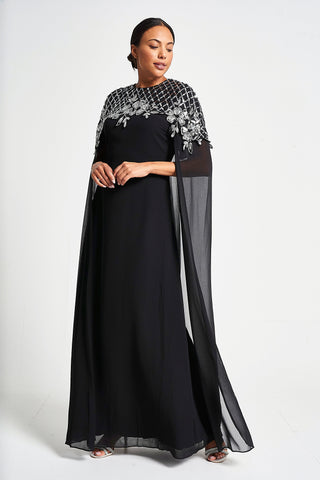 frock & frill Ayden Black Sequin Cape Sleeve Maxi Dress