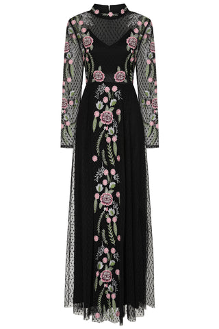 Frock & Frill Azalea Black Floral Embroidered Maxi Dress