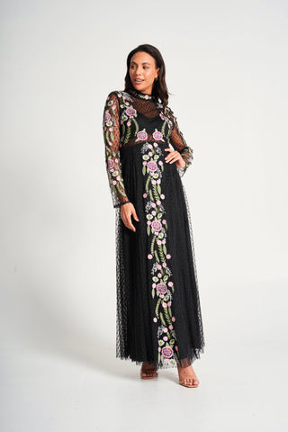 Frock & Frill Azalea Black Floral Embroidered Maxi Dress