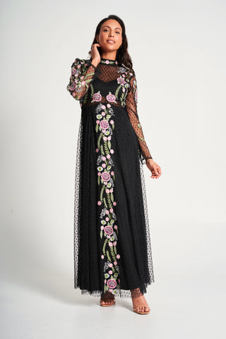 Frock & Frill Azalea Black Floral Embroidered Maxi Dress