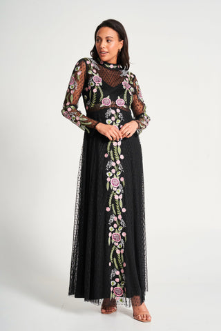 frock & frill Azalea Black Floral Embroidered Maxi Dress