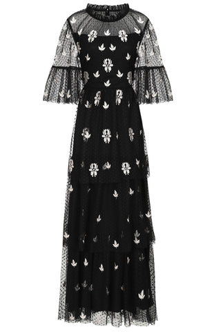 Frock & Frill Baia Black Leaf Embroidered Tiered Maxi Dress