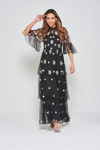Frock & Frill Baia Black Leaf Embroidered Tiered Maxi Dress
