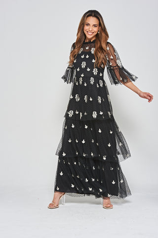 Frock & Frill Baia Black Leaf Embroidered Tiered Maxi Dress