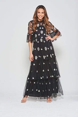 frock & frill Baia Black Leaf Embroidered Tiered Maxi Dress