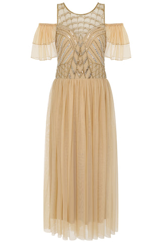 Frock & Frill Barbara Champagne Cold Shoulder Embellished Midi Dress