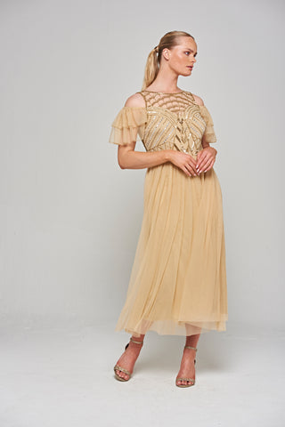 Frock & Frill Barbara Champagne Cold Shoulder Embellished Midi Dress