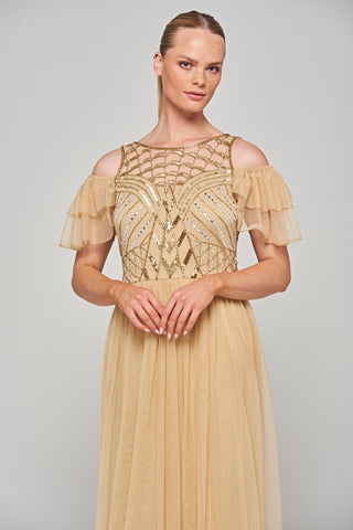 Frock & Frill Barbara Champagne Cold Shoulder Embellished Midi Dress