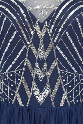 Frock & Frill Barbara Navy Cold Shoulder Embellished Midi Dress