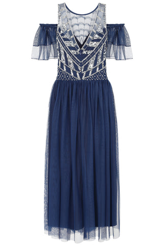 Frock & Frill Barbara Navy Cold Shoulder Embellished Midi Dress