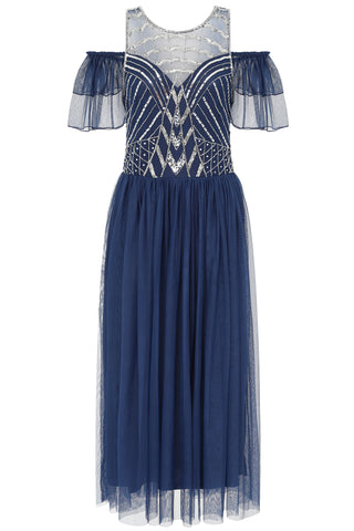 frock & frill Barbara Navy Cold Shoulder Embellished Midi Dress