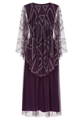 Frock & Frill Bernice Purple Cape Sleeve Embellished Midi Dress
