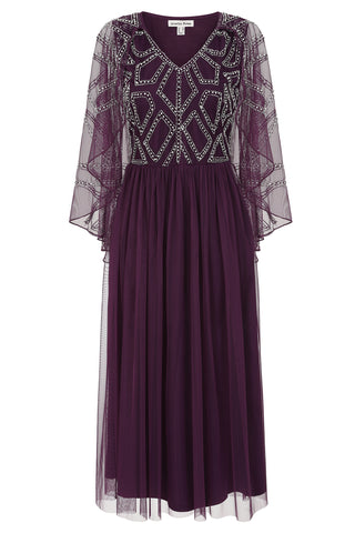 frock & frill Bernice Purple Cape Sleeve Embellished Midi Dress