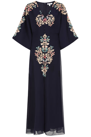 Frock & Frill Briony Navy Embroidered Maxi Dress With Batwing Sleeves